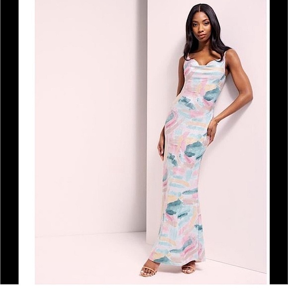 Bebe Watercolor Brush Lurex Gown Shimmery Slip Dress Size Small Party‎ Feminine - Picture 1 of 15